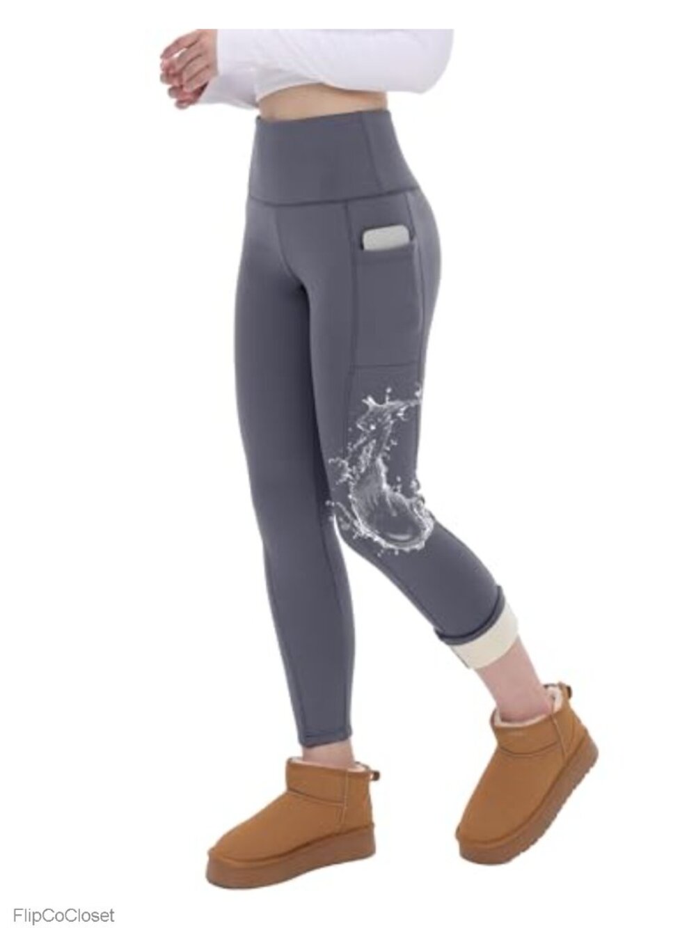Fleece Lined Leggings with Pockets Water Resistant High Waist Tummy Control